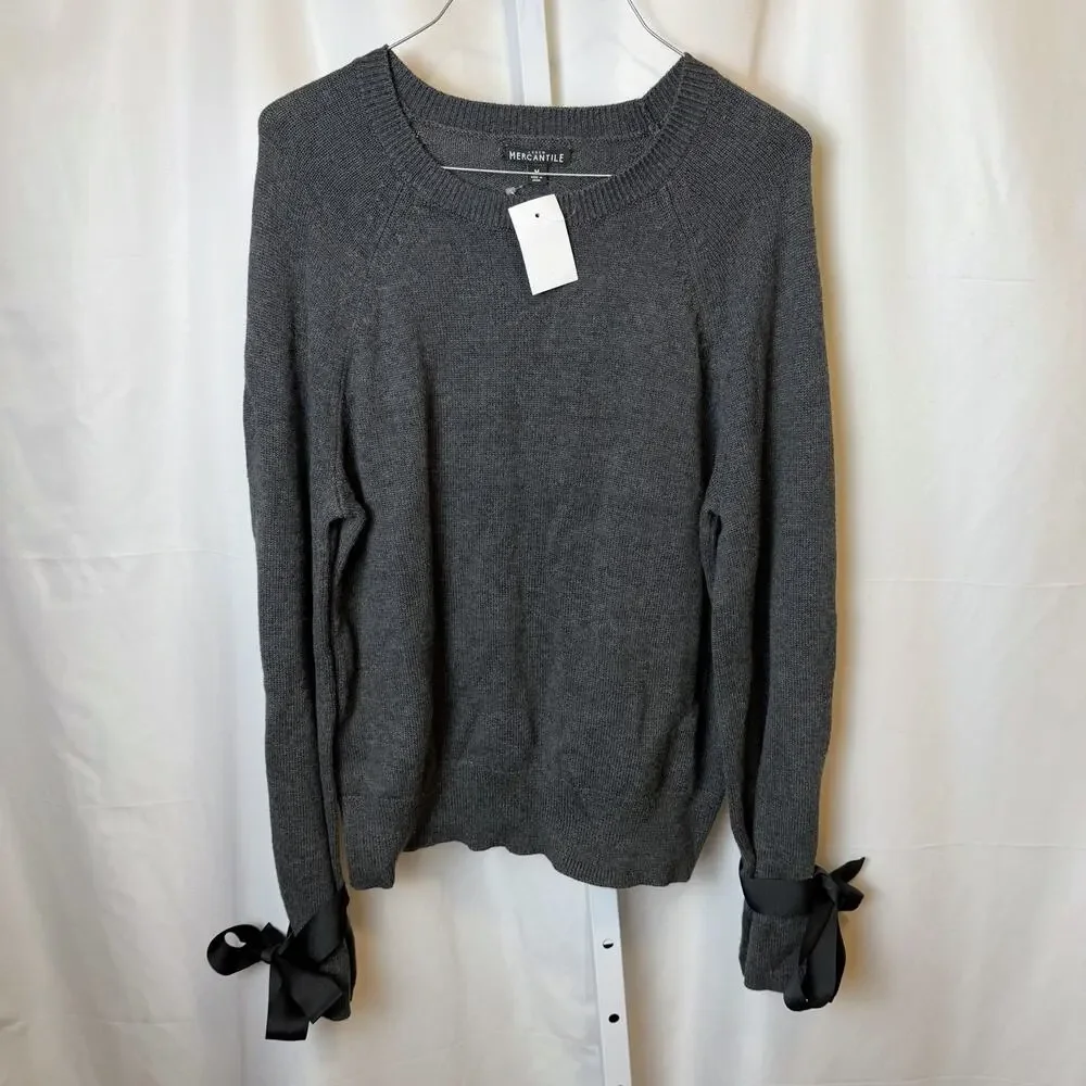 NWT J.Crew Mercantile Gray Sweater Ribbon‎ Tie Sleeve Merino Wool Blend Size M